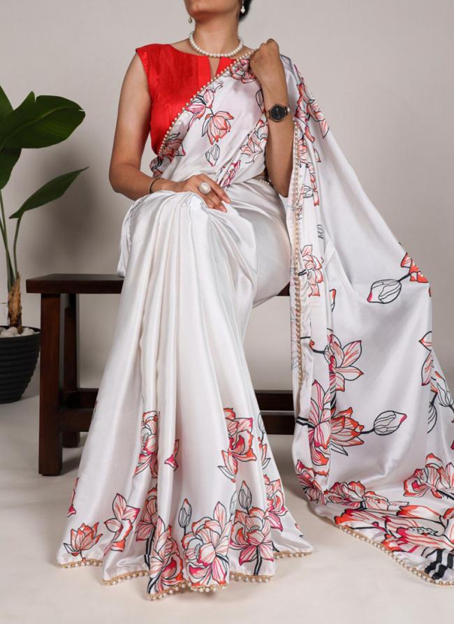 Sattin Silk White Party Wear Printed Saree